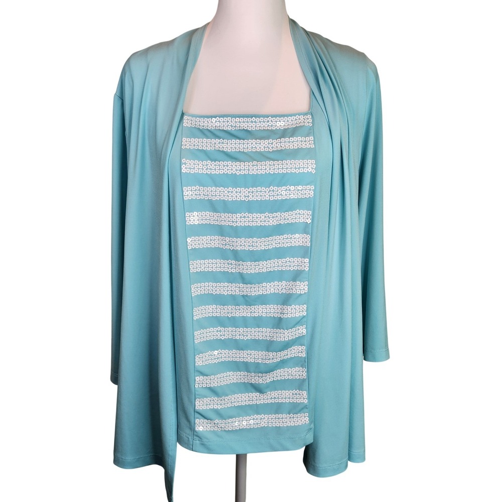 Bob Mackie Wearable Art‎ Sequin Tank and Cardigan Set Turquoise Blue Medium